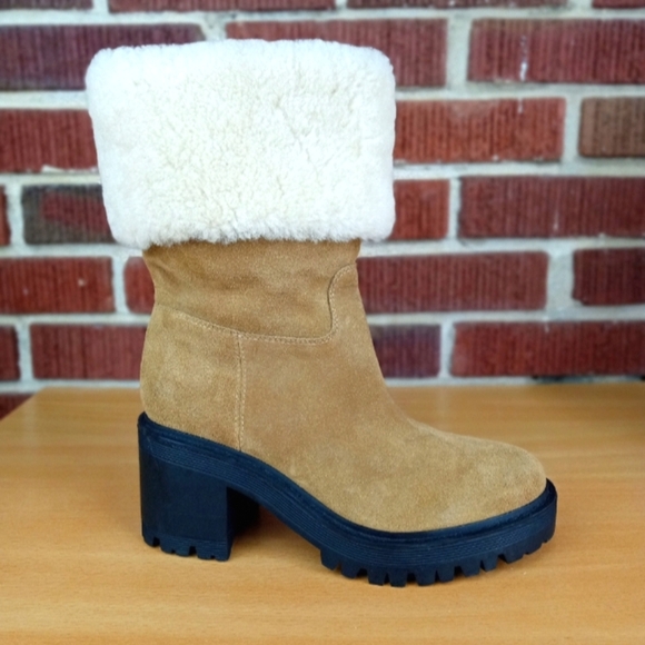 NWT Marc Fisher Ltd. 'Willoe' Shearling Lined Cuffed Ankle Boot in Tan Suede - Picture 4 of 8